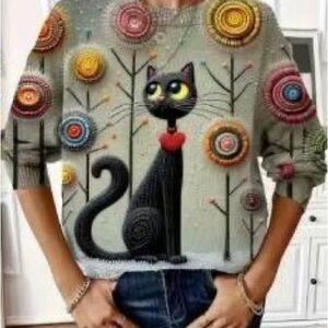 Artistic Cat Design Sweater - Multicolor